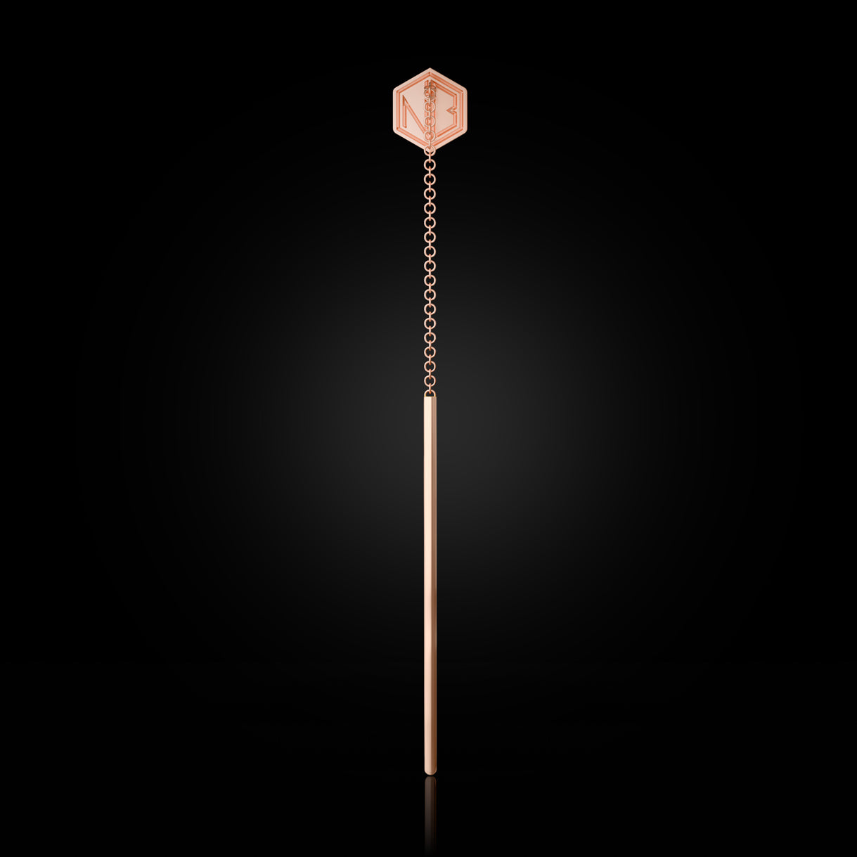 Back view of SEE YOU Threader in Rebel Rose Gold. 18k recycled gold earring with sleek drop—sustainably made in New York. Sustainable gold jewelry, ethical jewelry, handcrafted artisan jewelry, fine jewelry, high-end jewelry, and ethical luxury. A refined piece from sustainable jewelry brands and a unique jewelry gift in rose gold.